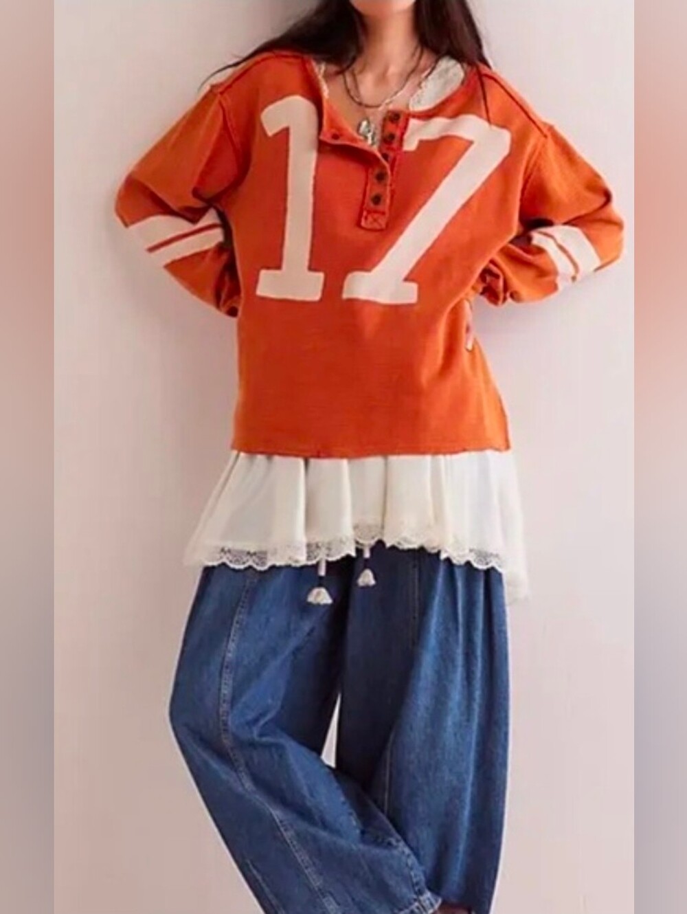 Free People Charlie Long Sleeve Graphic Tee  Orange Loose  Medium NWT *Soldout* - Picture 3 of 6